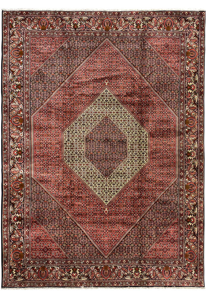 Full view of large Persian Bijar iron rug with diamond medallion and bold red geometric design