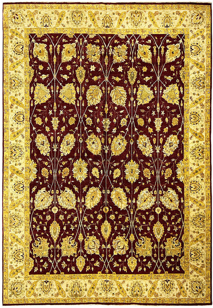 Full view of a 12 x 15'4 Oriental Zigler Chobi Peshawar rug with burgundy field and gold floral border