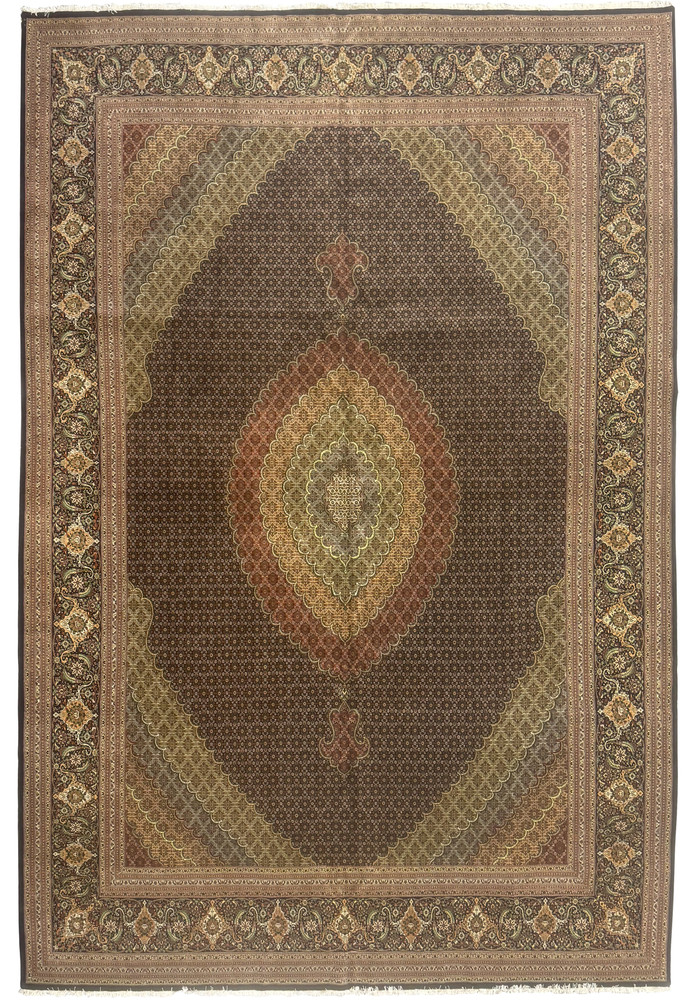 11'5 x 16'5 Persian Tabriz Mahi 50 Raj rug showing layered diamond medallion, dense allover herati pattern, and richly detailed floral borders in muted tones.