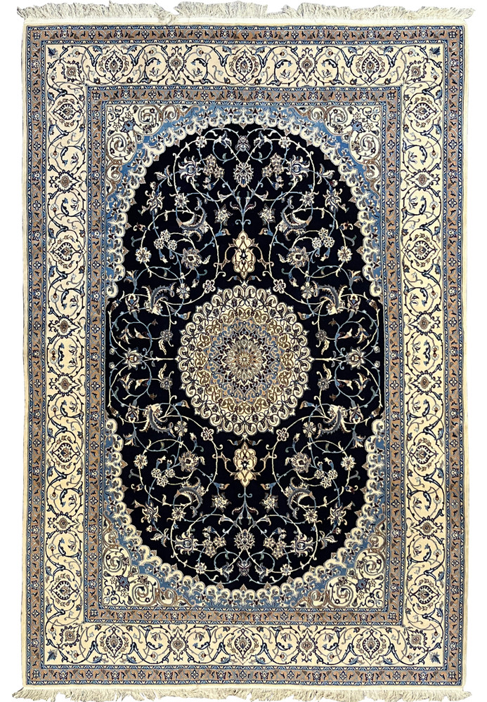 6'5 x 10 Persian Nain 6 LA silk rug with midnight navy field, ivory floral medallion, symmetrical design, refined borders, and detailed hand knotted craftsmanship
