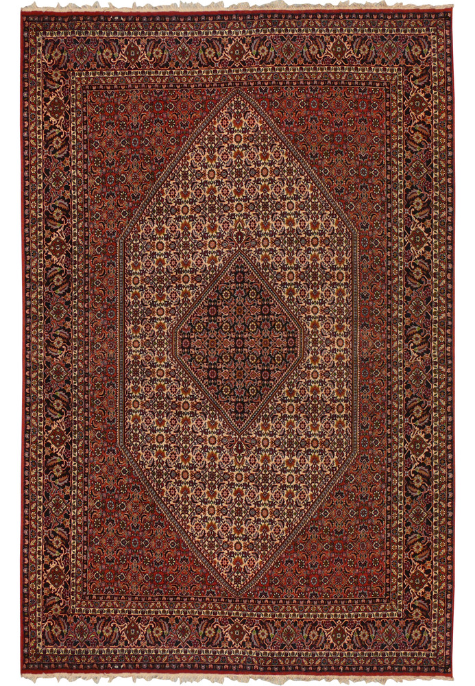 Full view of a 6'5 x 10 authentic Persian Bijar rug featuring a deep brick red field, ivory diamond medallion, dense floral motifs, and dark navy borders
