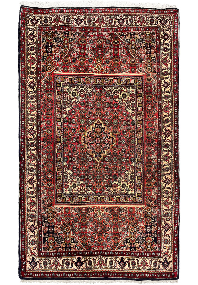 Full view of a 3 x 5 Persian Bijar rug featuring a rug-in-rug design, deep red field, ivory borders, dense wool pile, and structured symmetry
