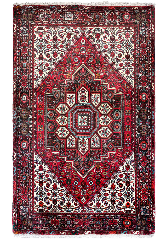 Full view of a 3'4 x 5'5 authentic Persian Gholtogh rug showing a deep red field, large octagonal medallion, ivory highlights, and dense tribal detailing