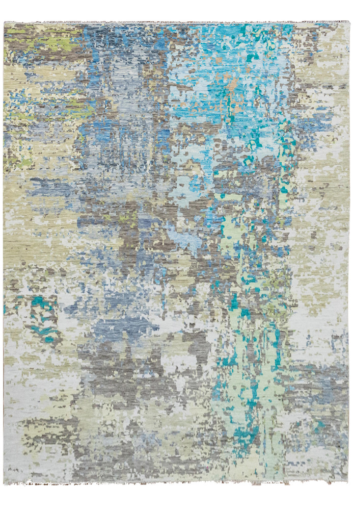 Modern handmade Nepali abstract wool rug measuring 12 x 14'7, featuring layered soft blue, ivory, gray, and beige tones with a contemporary painterly pattern.