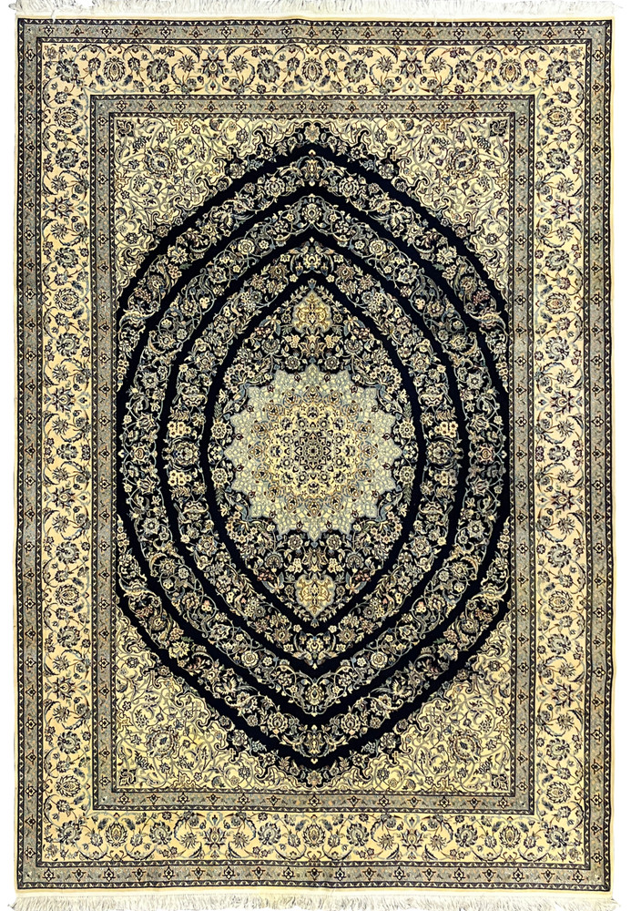 7 x 10 Persian Nain 6 La rug with deep navy field, ivory borders, silk foundation, and intricate floral medallion design