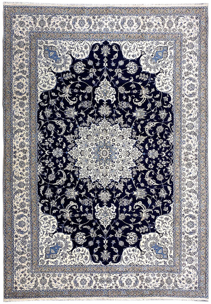 Full view of a 10x19 Persian Nain 9 La oversize rug with navy blue field, ivory medallion, layered borders, and classic Persian design