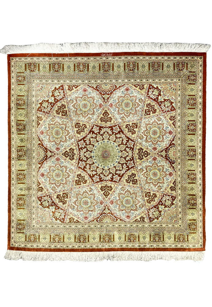 Full view of signed Amjadi Persian Qum 5 x 5 square rug, hand knotted with pure silk on silk, featuring a star medallion and refined symmetry