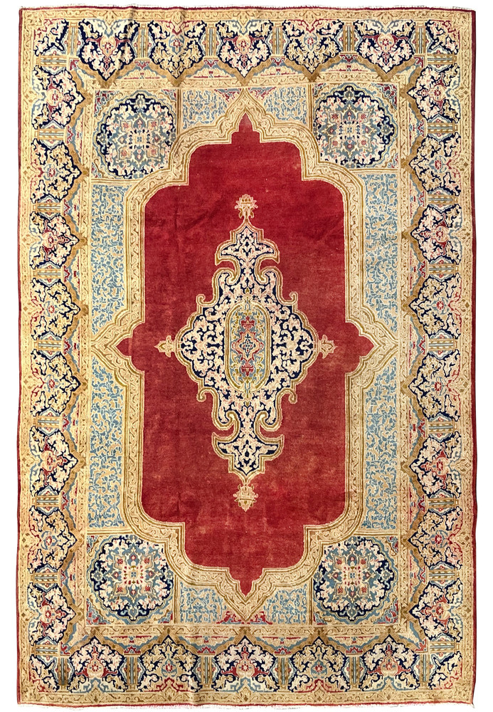 Full view antique Persian Kerman rug 7x10 brick red field large floral medallion ivory and blue borders palace size hand knotted wool