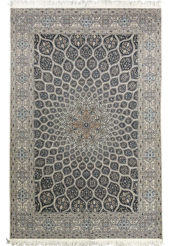 6'9 x 10 Persian Nain Habibian 6 LA Kork and silk rug with ivory field navy Gombadi dome medallion floral border handmade in Persia.