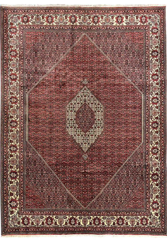 8'2 x 11'4 Persian Bijar Iron Rug full view in deep red and ivory with diamond medallion, dense Herati pattern, thick wool pile and classic border