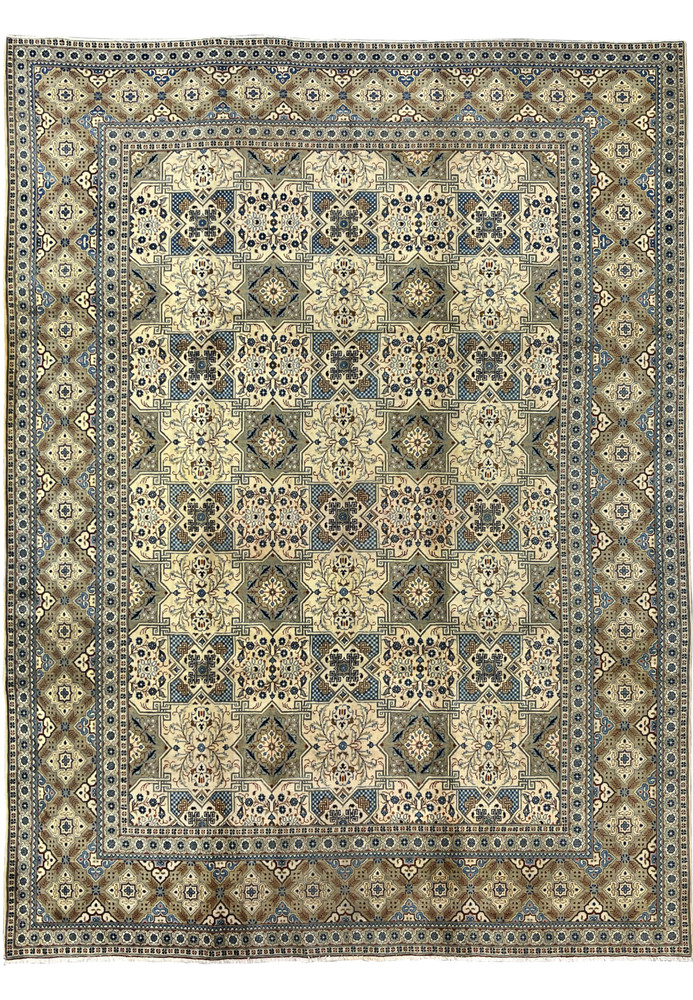 Full flat-lay view of a hand-knotted Persian Tabriz rug measuring 9’8 x 13 feet, displaying a Kheshti panel design with eight-pointed star medallions in ivory, cerulean blue, navy, and sage green, surrounded by a multi-layered diamond border in taupe and brown.
