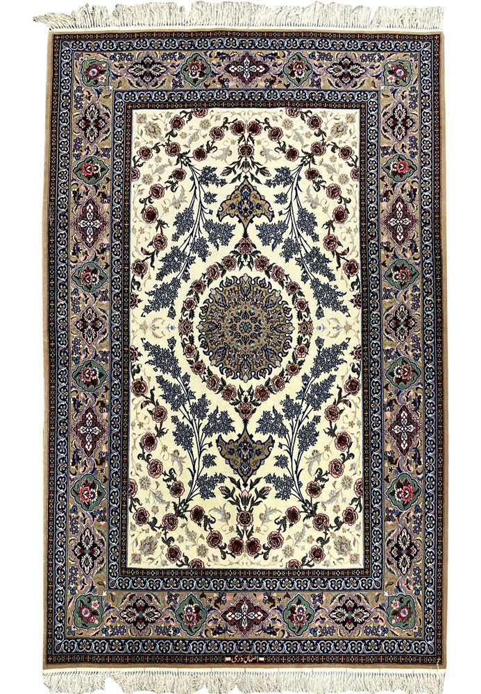 5x8 Persian Isfahan wool silk rug ivory field blue floral medallion signed Darri handmade Persia