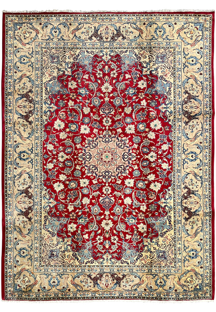 10x13 handmade Persian Isfahan wool rug crimson red field ivory border floral medallion animal and bird motifs Persia