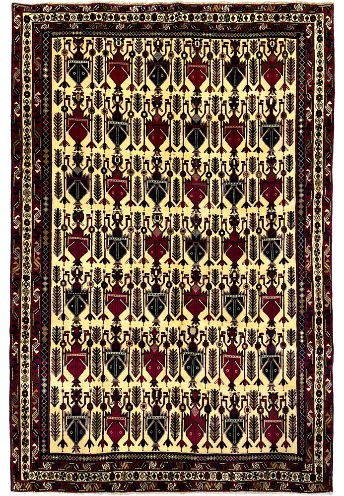 Hand-knotted 5x8 Persian Afshar tribal rug, ivory ground boteh vase design in navy and burgundy