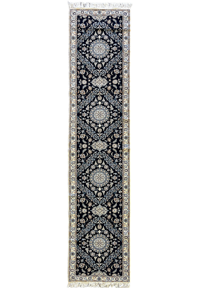 2'9x13 Persian Nain 6La navy blue ivory wool silk multi-medallion runner full view