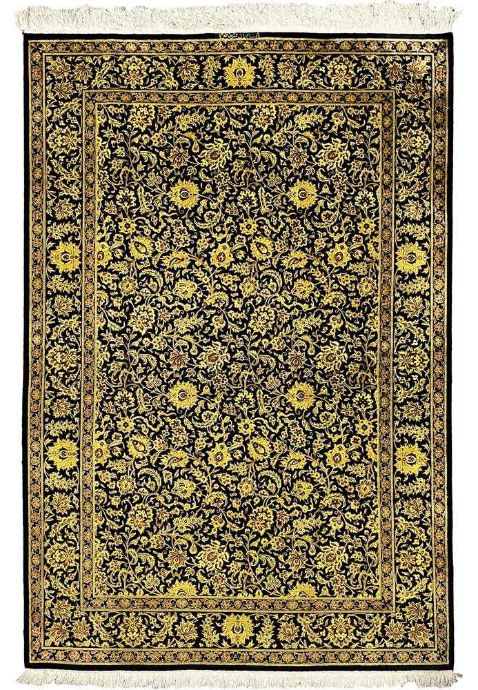 4x6 Persian Qum pure silk rug black gold Versace backside knot density closeup detail