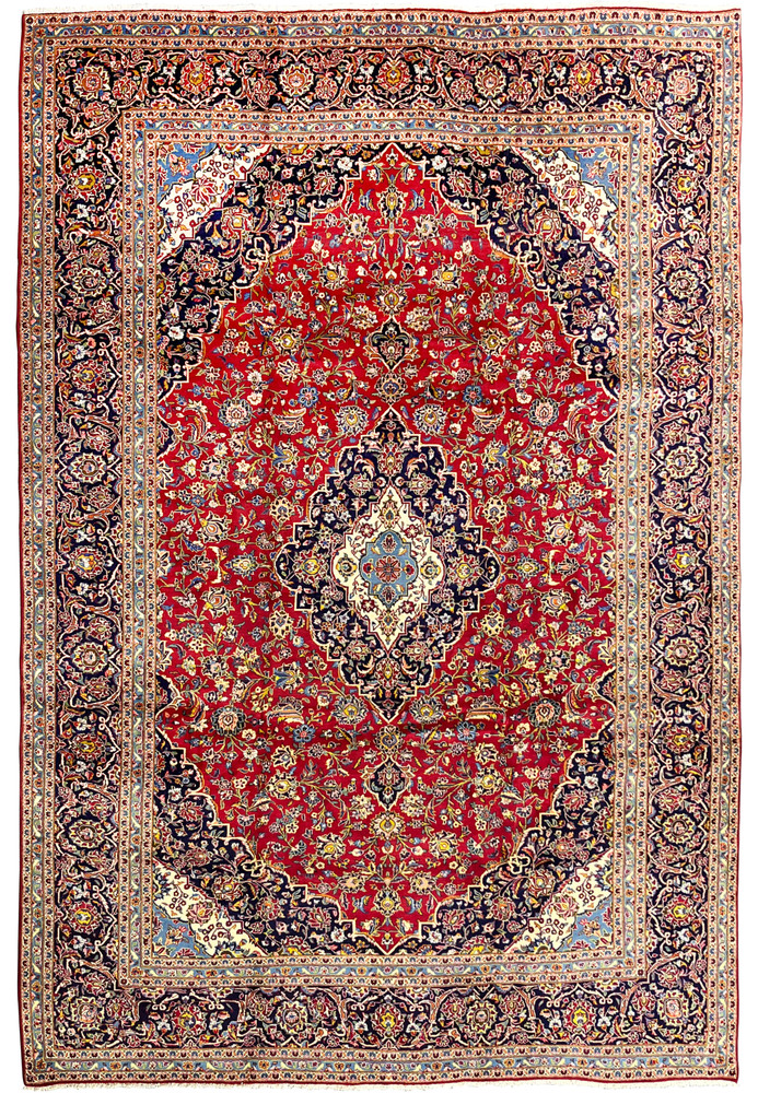 10x14'7 Persian Kashan rug featured on Shark Tank crimson red navy medallion floral full view