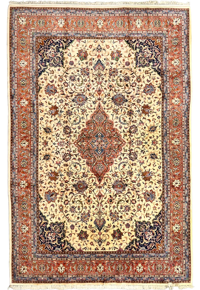 9x13 Persian Sarough rug ivory field rust border floral medallion full view hand-knotted wool