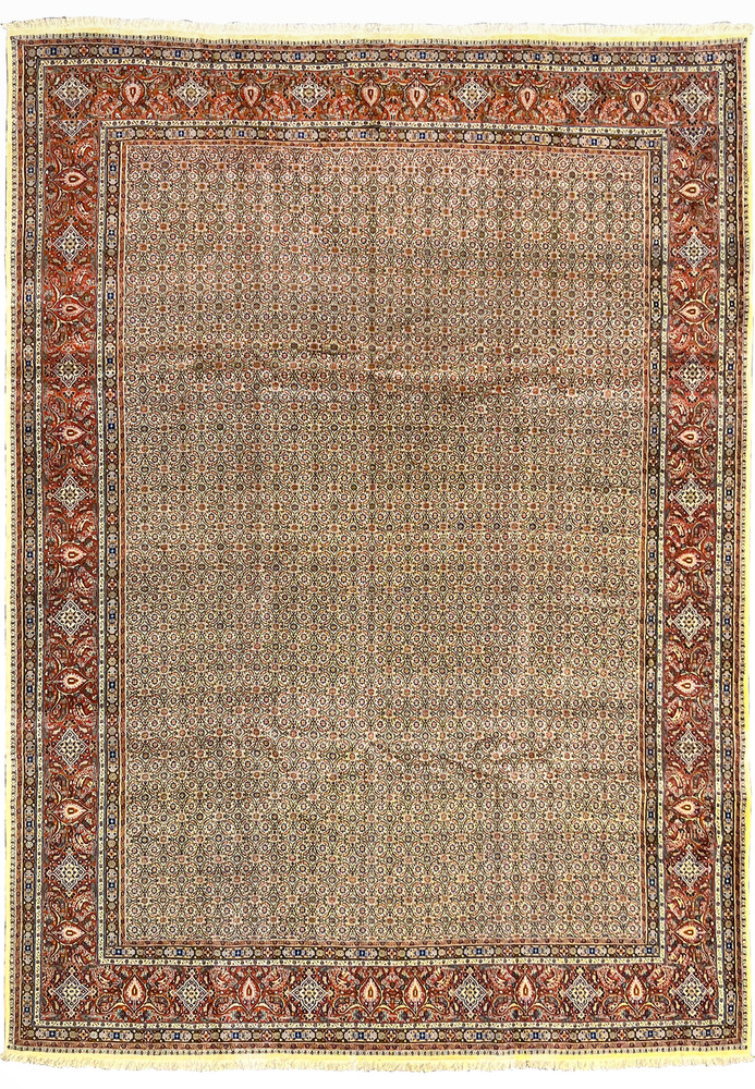 Authentic 10x13 Persian Moud rug full view, cream field with allover Herati design and red border