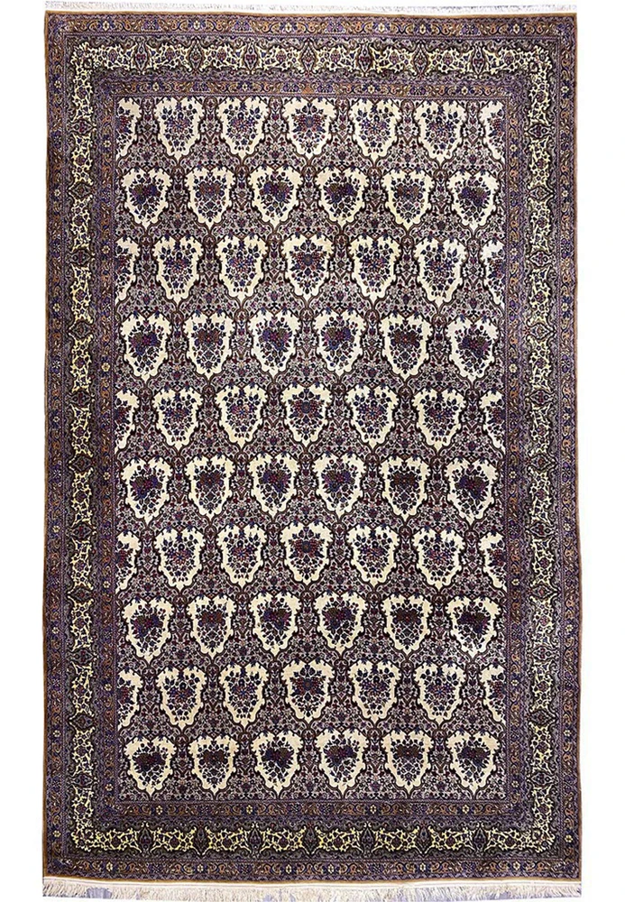 Authentic 11x16 8 Persian Qum Kork wool rug with all-over floral cartouche field on ivory ground