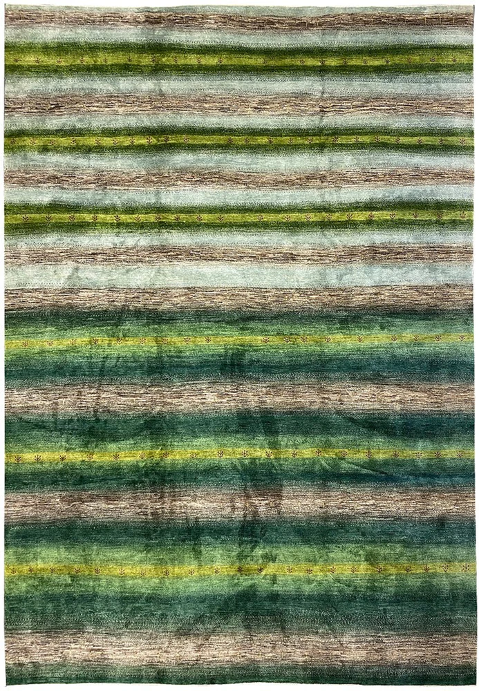 Authentic 14 x 20 oversize hand-knotted Indo Gabbeh rug full view in green multi for palace size rooms