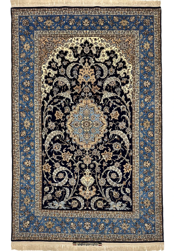 Hand-knotted 5x8 Persian Isfahan rug full view signed Zolfaghari, midnight navy field with light blue border
