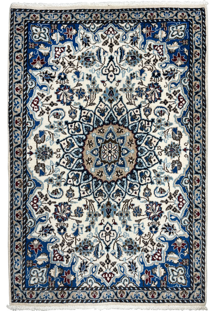 3x4 hand-knotted Persian Nain rug full view, classic ivory and royal blue with sunburst medallion design
