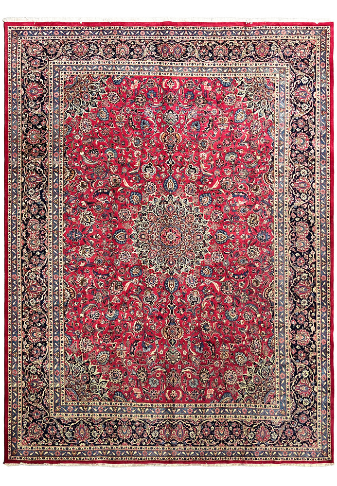 10 by 13 Persian Mashad rug, full view of cherry red field with navy border and central floral medallion