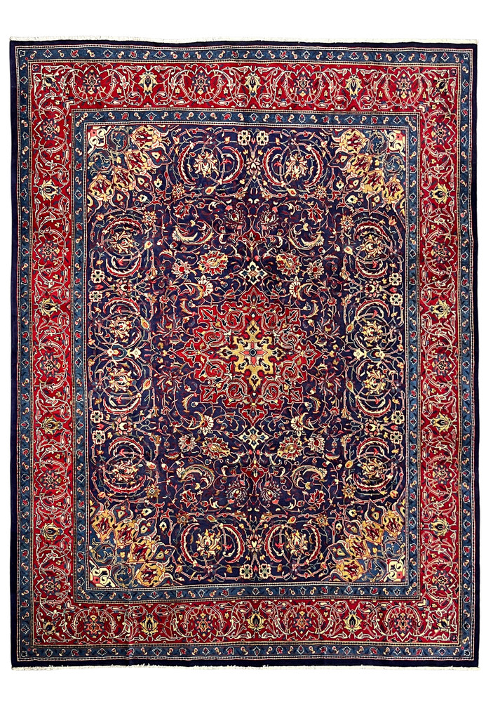 Full view of 10x13 navy Persian Mahal with red main border and ivory guard bands, handmade wool