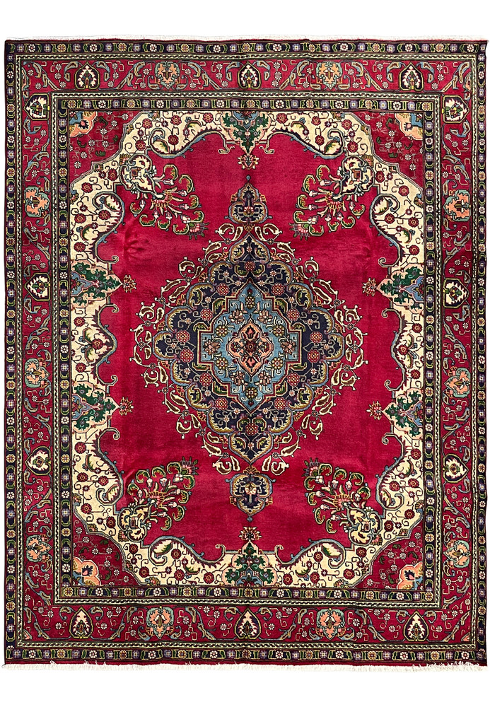 9'8 x 12'1 Persian Tabriz rug, hand-knotted wool with red field, navy medallion and ivory corner spandrels