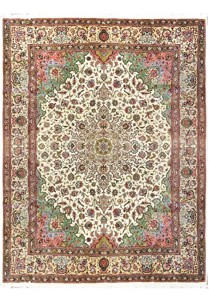 8 x 9'4 Persian Tabriz 50 raj rug, wool and silk on cotton with ivory field and mint green corner spandrels