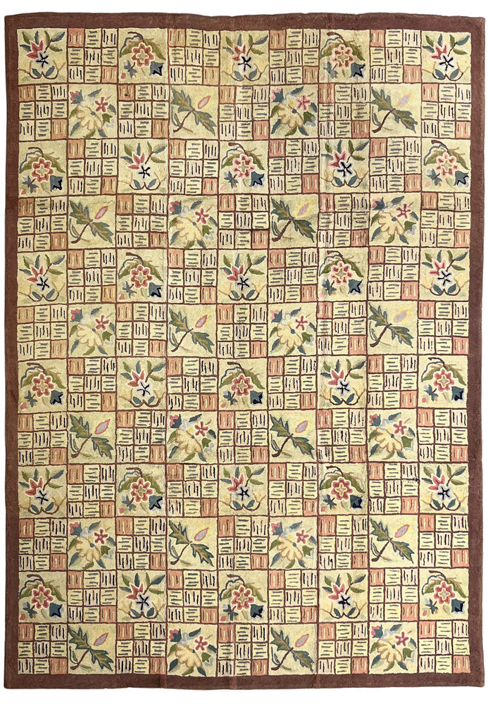 8'11 x 12'2 hand-hooked Oriental rug with patchwork floral tiles and chocolate brown border