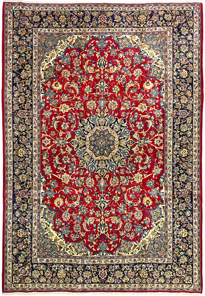 Full view of the palace size Najafabad showing red field navy borders and ivory spandrels