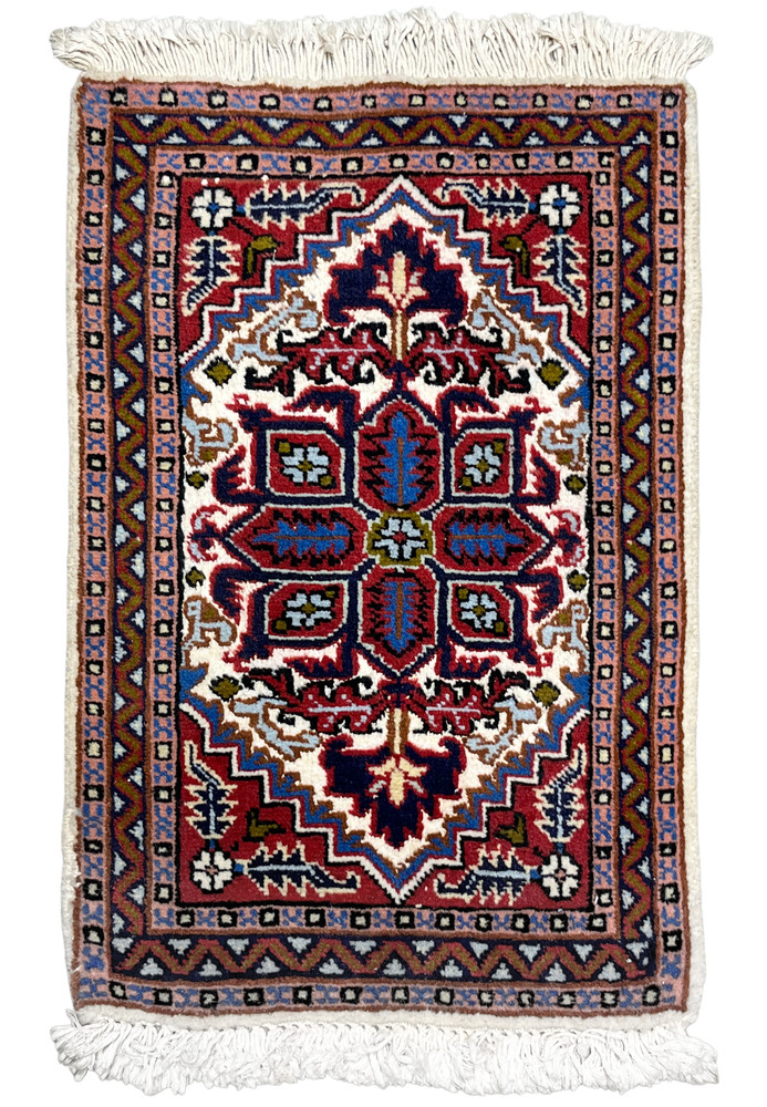 1'3 x 2 Persian Ardebil rug with red field and ivory and blue geometric medallion