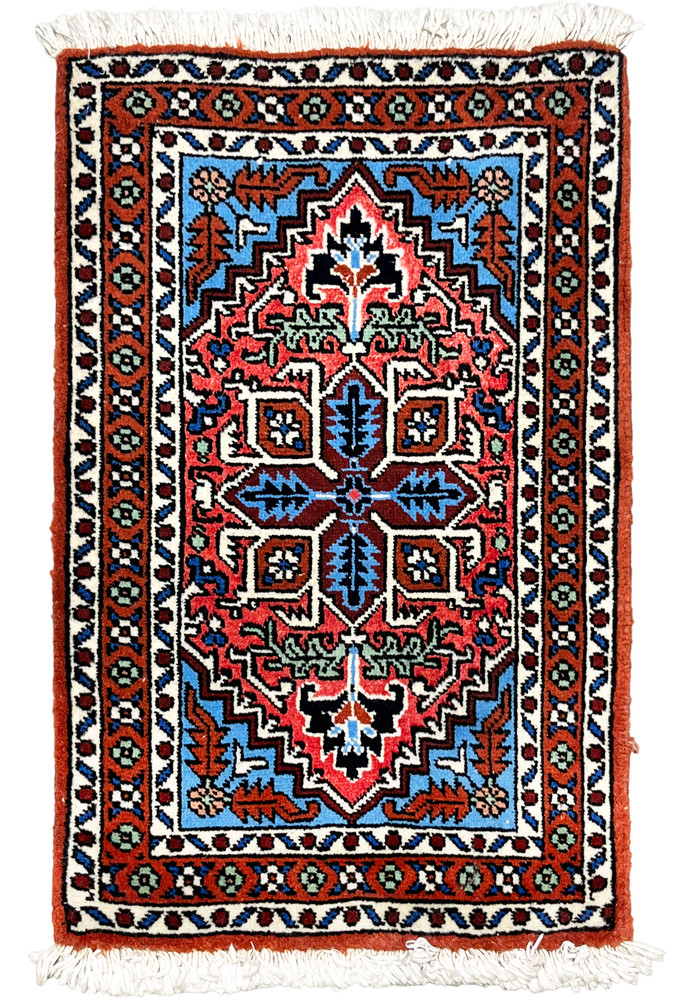 1'3 x 2 Persian Ardebil rug with tomato red field and ivory and blue geometric medallion