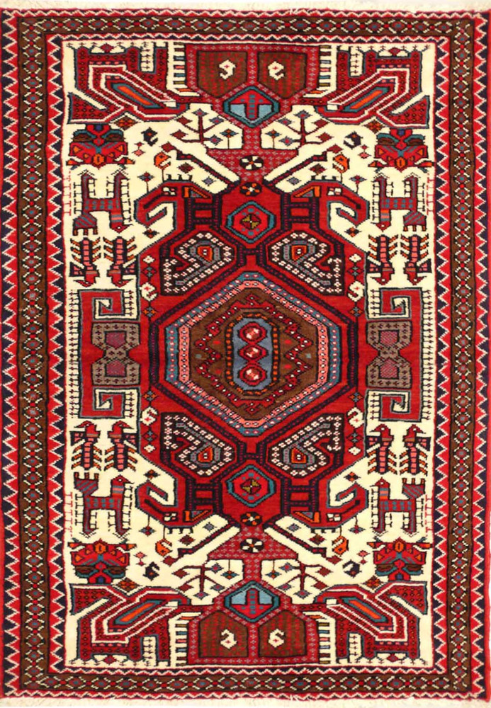 Overall view of the 3'4" x 5'1" Persian Shahsawan Tribal Rug displaying its unique tribal patterns. Overall view of the 3'4" x 5'1" Persian Shahsawan Tribal Rug displaying its unique tribal patterns.