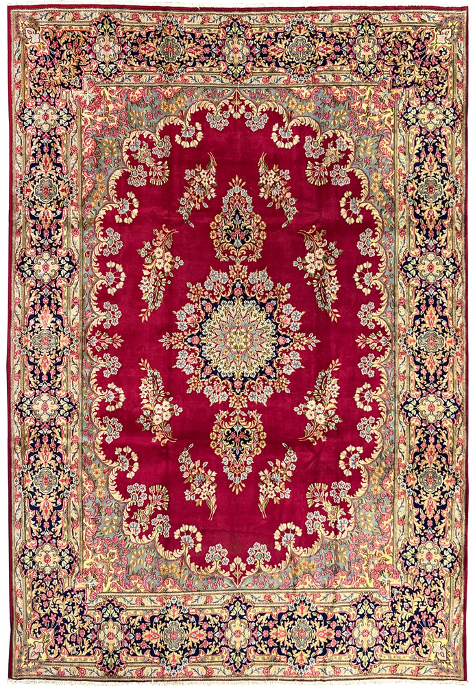10x14 Persian Kerman rug medallion floral crimson red navy full view
