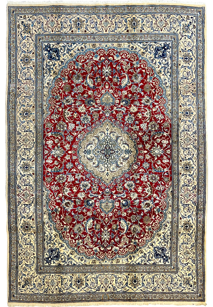 Full view of red Persian Nain 9LA rug showing detailed medallion design, ivory borders, and fine wool and silk weave