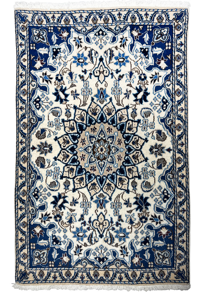 Full view of 2'11" x 4'6" Persian Nain wool and silk rug with floral medallion. Full view of 2'11" x 4'6" Persian Nain wool and silk rug with floral medallion.