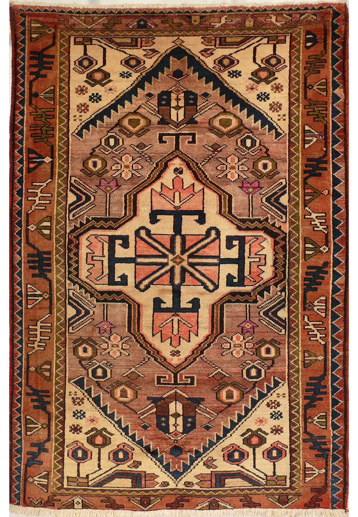 Overall view of the 3'4 x 5'2 Antique Persian Khamseh Tribal Rug showcasing its vibrant patterns