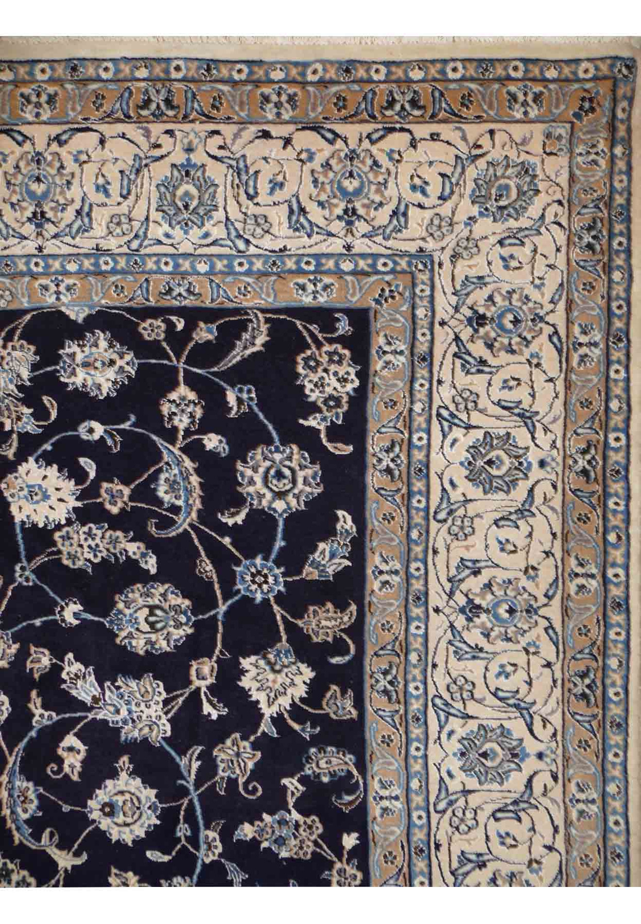Detailed shot of the border and corner designs of the Persian Nain 9LAA rug