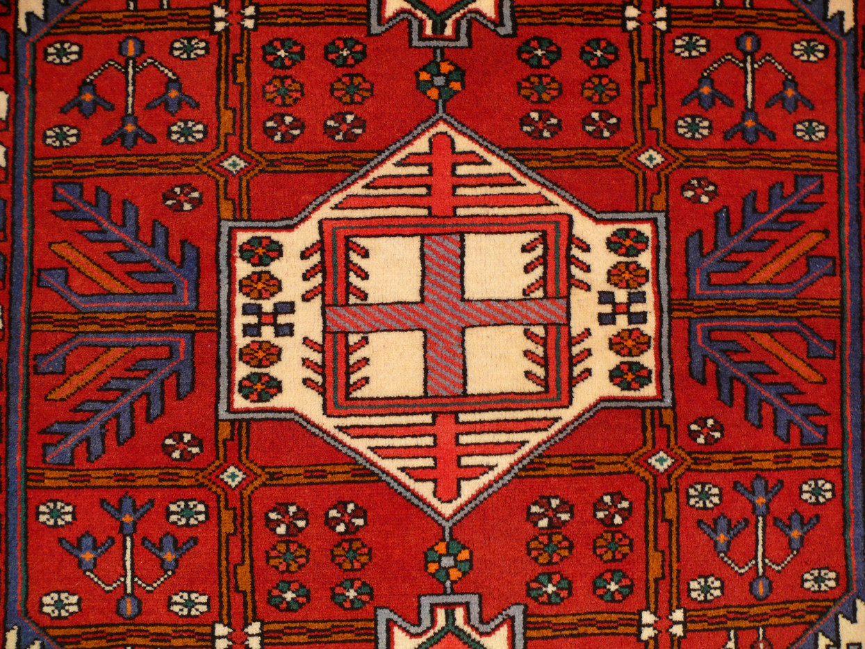 Experience the captivating beauty of a 3'7" x 4'7" Geometric Shahsavan rug, woven with precision and adorned with timeless geometric motifs