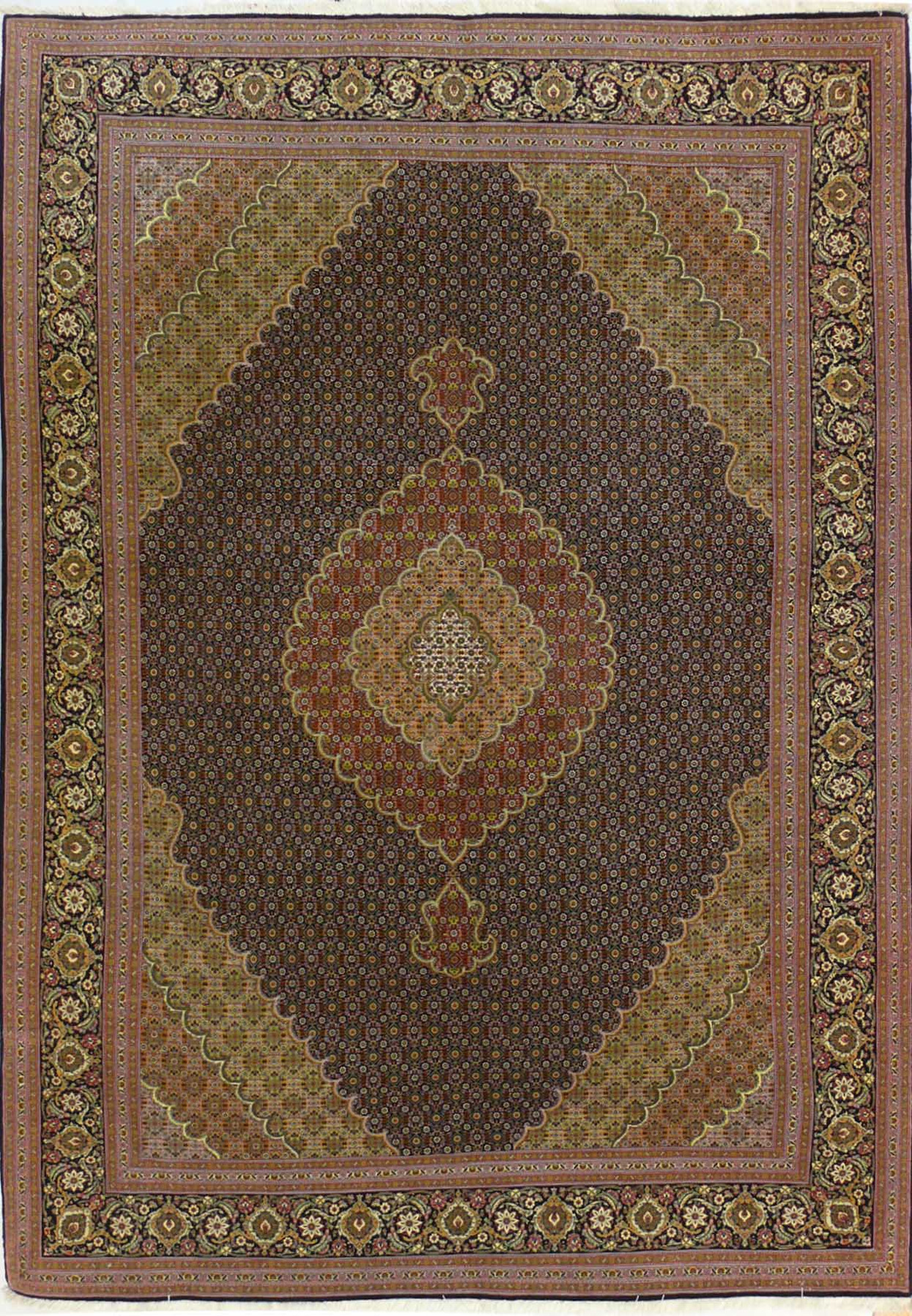Overall view of the 7' x 10' Persian Tabriz Mahi 50 Raj Rug, showcasing its detailed patterns and silk sheen.