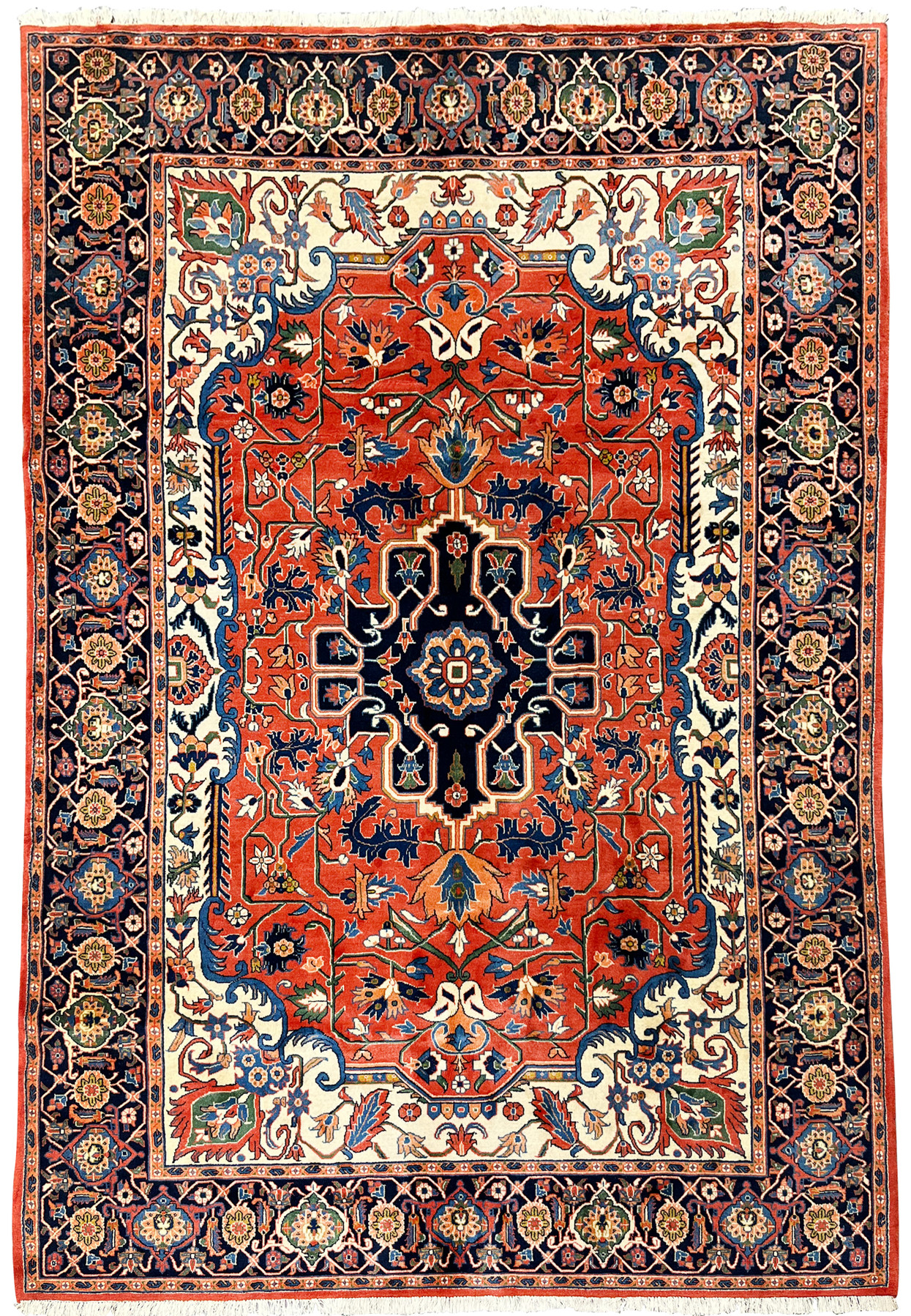 Full view of a 6'7 x 9'7 Geometric Persian Heriz rug with central navy medallion, red field, and detailed floral borders