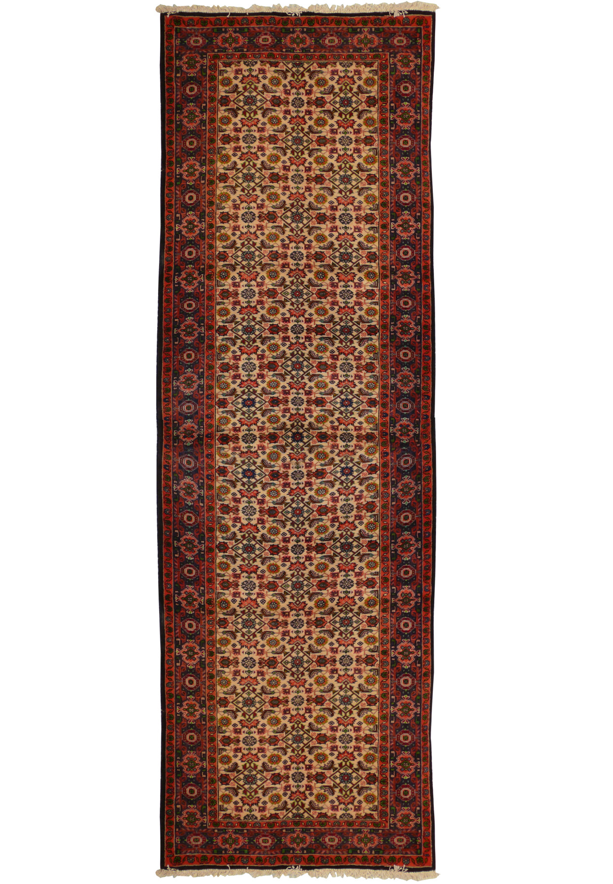 Full view of the 3x9 Bijar All Over Runner Rug displaying its extensive detailed pattern.