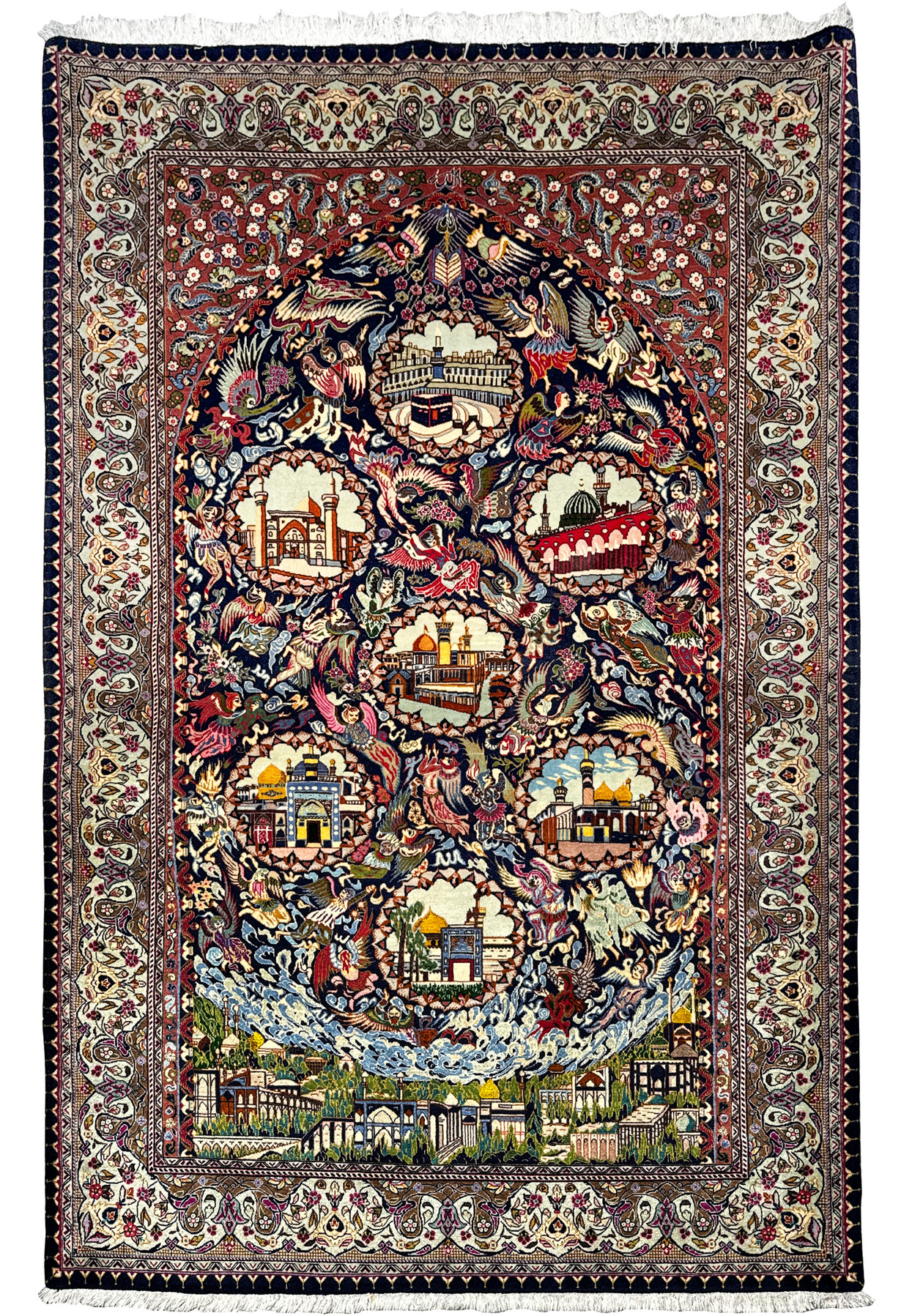 Full view of a 4'3 x 6'7" Persian Tabriz rug showcasing a unique religious pattern on a cotton foundation