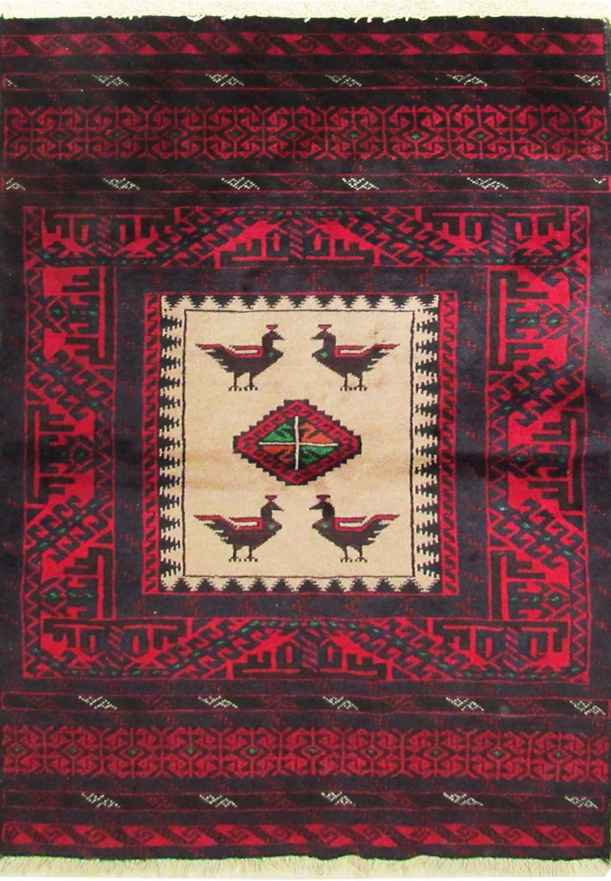 Full view of the 3 x 5'2 Persian Baluch rug showcasing its detailed design