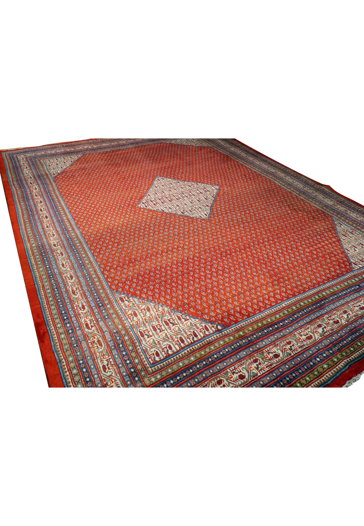 Stunning 10x13 Sarough Mir Boteh rug with a traditional fringe finish. The intricate boteh design and rich colors add a touch of elegance to any living space