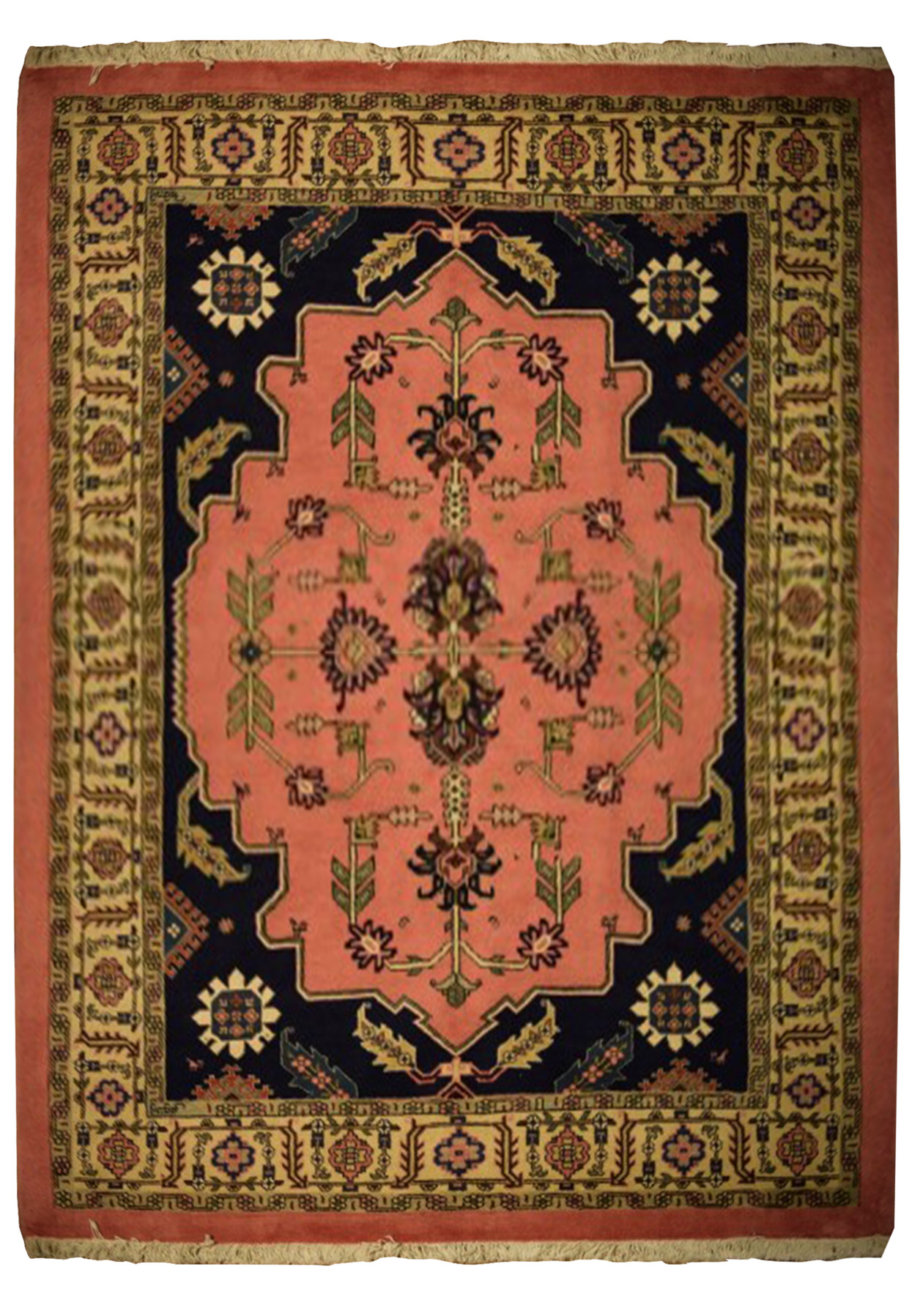 Unique 5'9" x 8'4" Persian Tabriz rug displaying a rich salmon-pink field with navy blue floral accents and intricate border details.