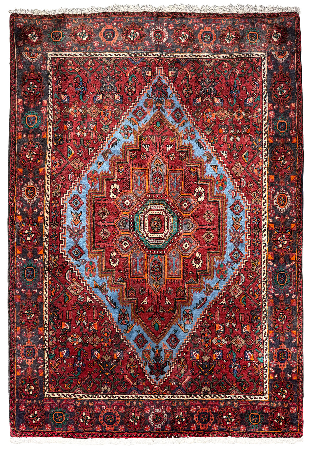 Full view of a 3'8 x 5'9 Persian Gholtogh Rug with intricate geometric patterns and a rich color palette including deep reds and blues